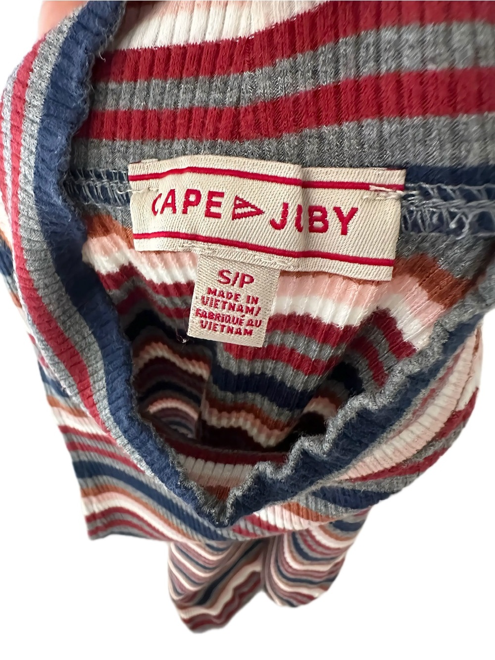 Cape Juby Striped Ribbed Sleeveless Mock Neck — Navy, Rust, Cream, Gray - Picture 3 of 3
